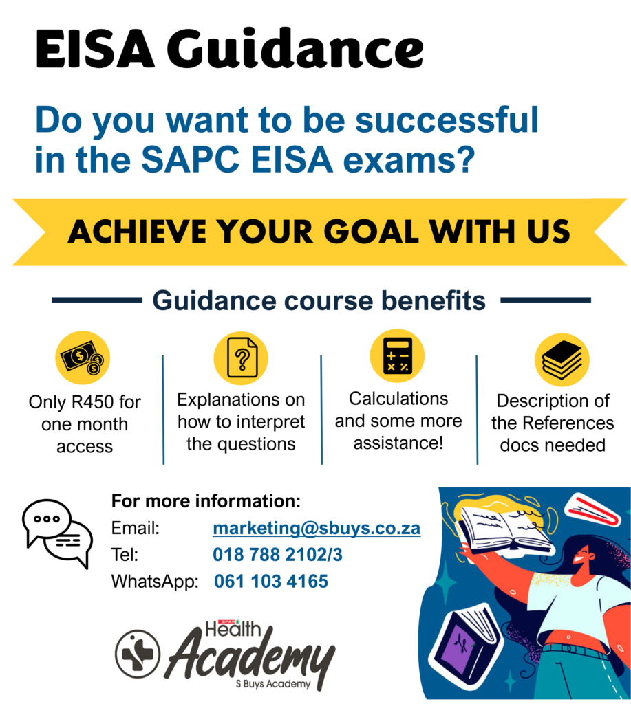 EISA Guidance course from SPAR Health Academy: only R450 for one month access, with question explanations, calculations help and reference document descriptions. Contact marketing@sbuys.co.za, 018 788 2102/3 or WhatsApp 061 103 4165.